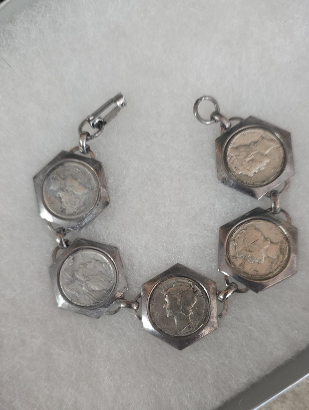 Vintage Five Dimes Silver Coin Link Bracelet - Silver 1940's
